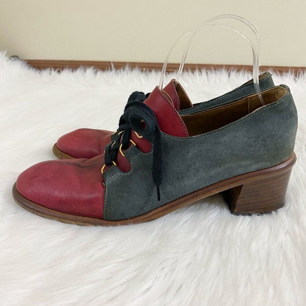 Vintage Gray Suede & Red Leather Lace Up Shoes Block Heel Made in Italy Sz 10AA - Picture 2 of 9